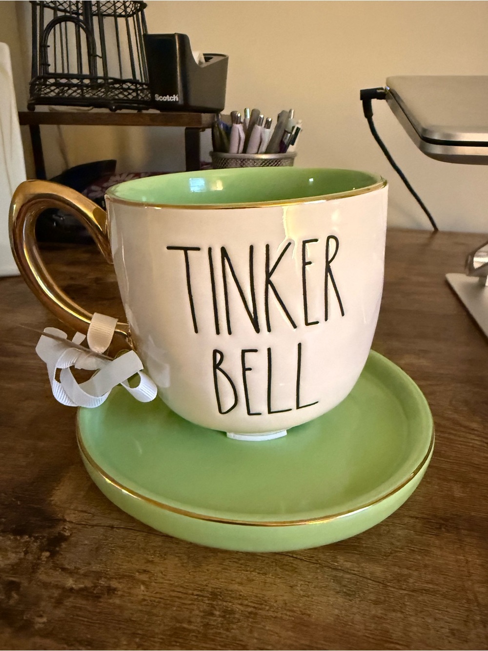Rae Dunn TINKER BELL Teacup and Saucer - Green and Gold